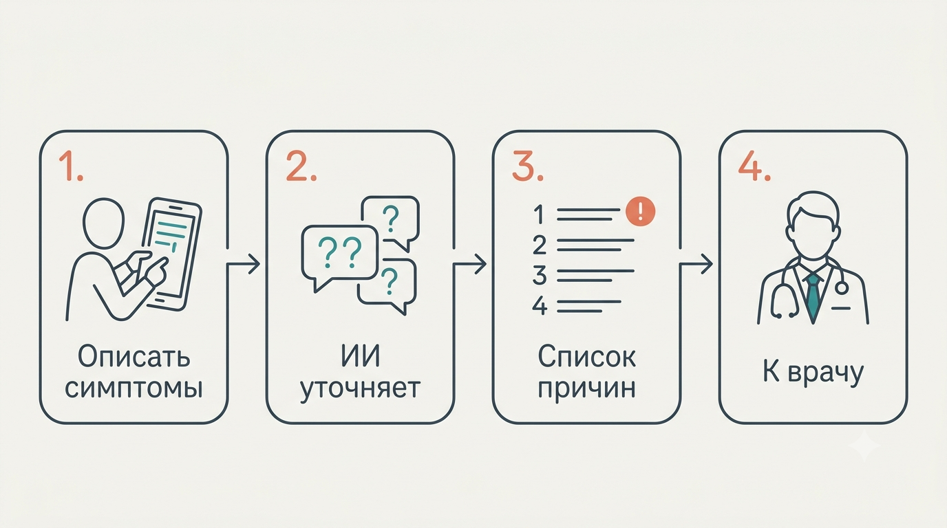 Схема: как работает онлайн-проверка симптомов через ИИ за четыре шага