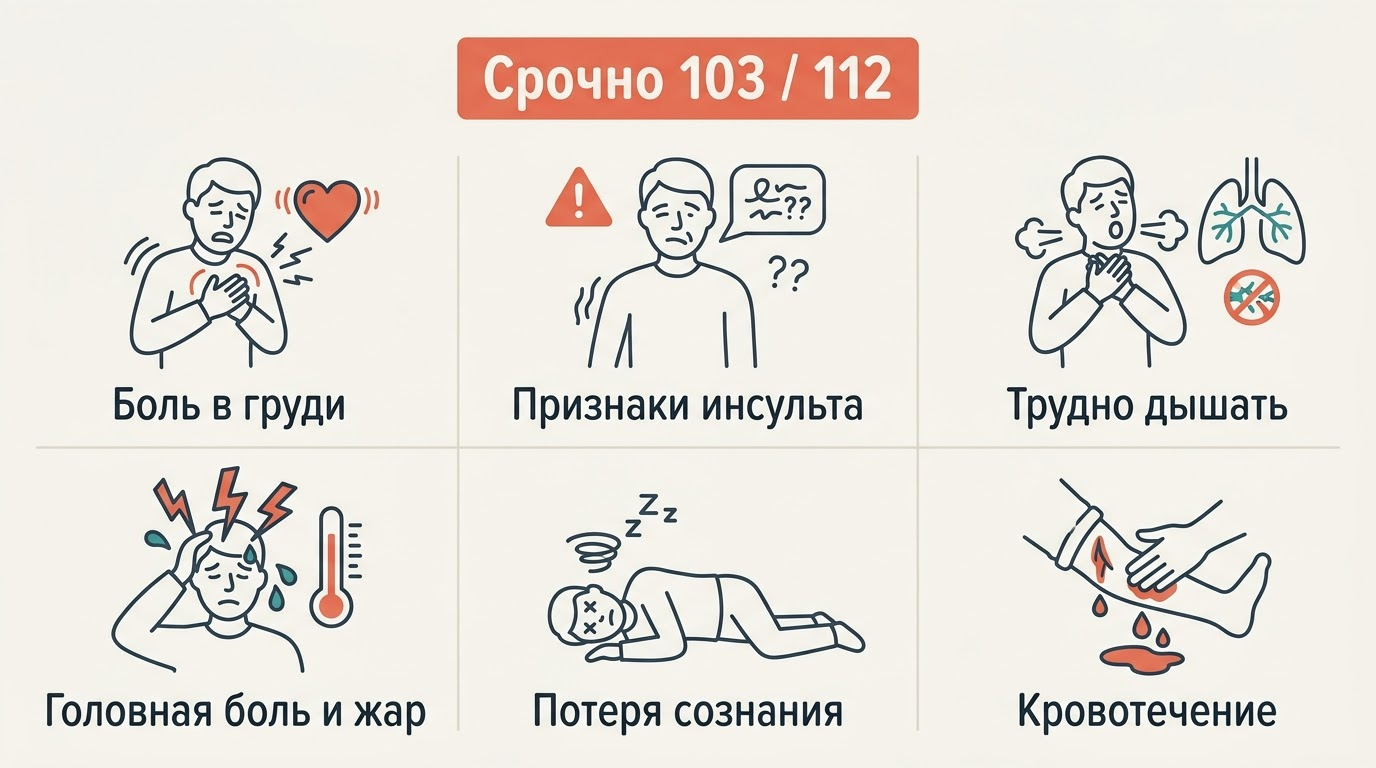 Чек-лист красных флагов: когда звонить 103 или 112