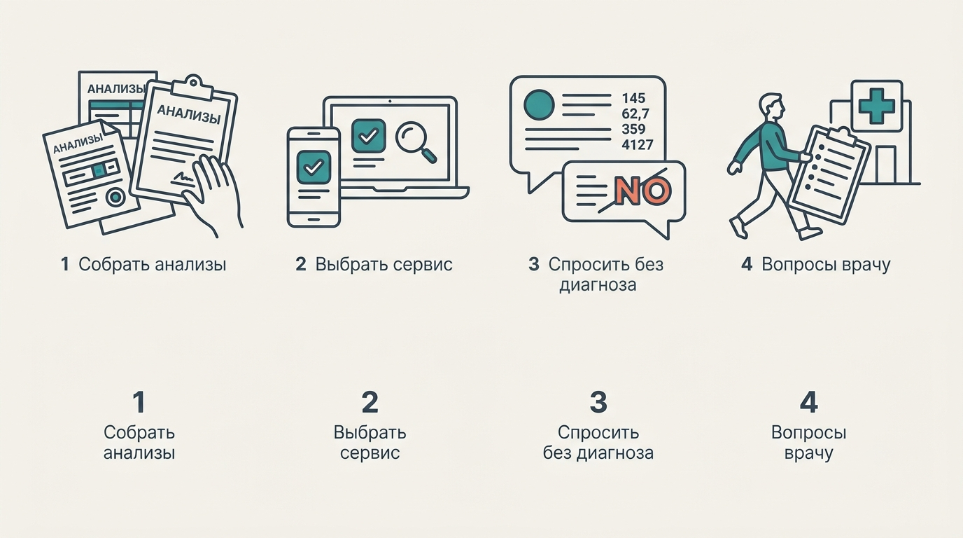 Четыре шага получения второго мнения ИИ-врача онлайн: собрать анализы, выбрать сервис, спросить без диагноза, прийти к врачу с вопросами