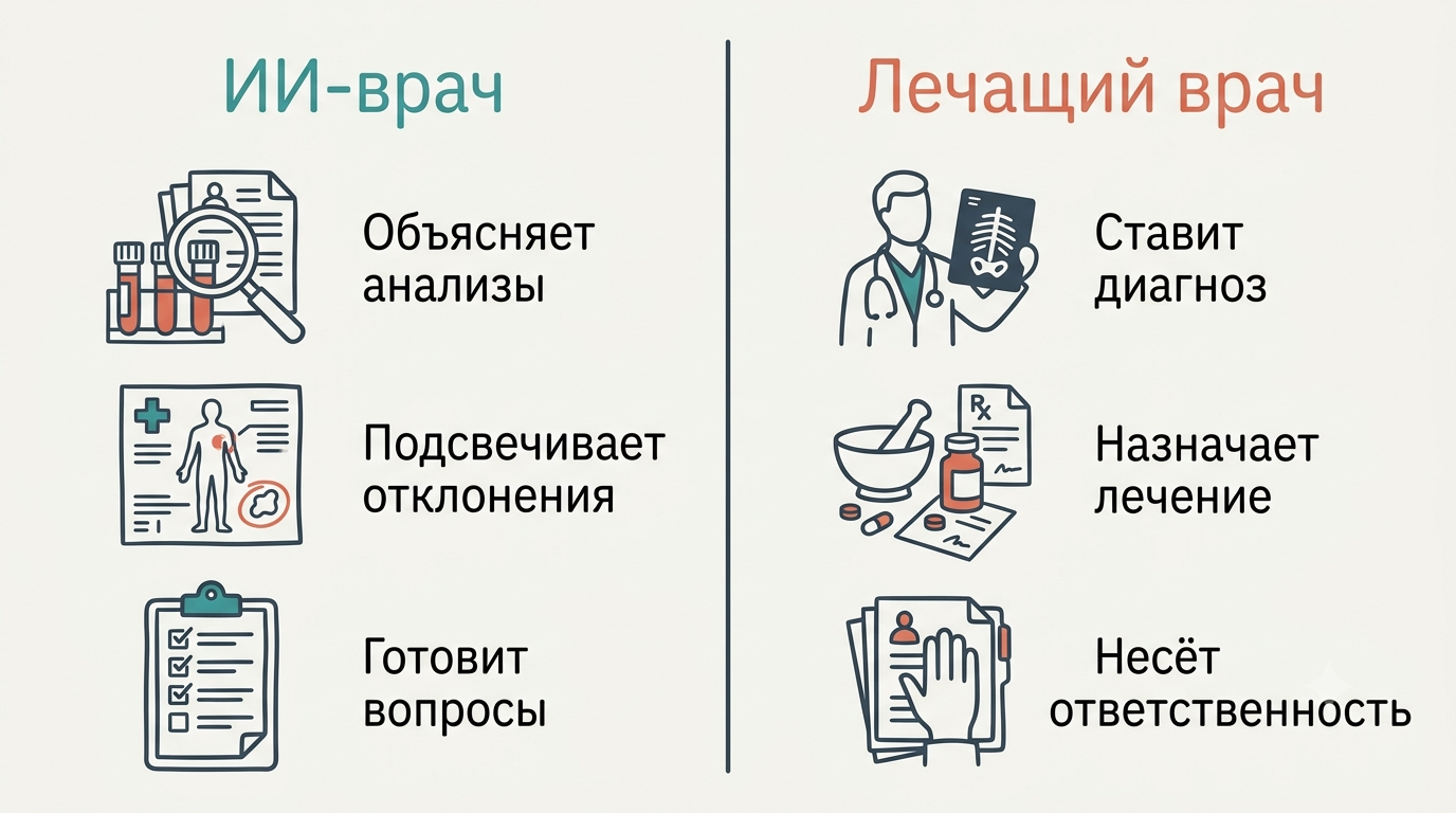 Сравнение зон ответственности: ИИ-врач объясняет анализы, подсвечивает отклонения и готовит вопросы; лечащий врач ставит диагноз, назначает лечение и несёт ответственность