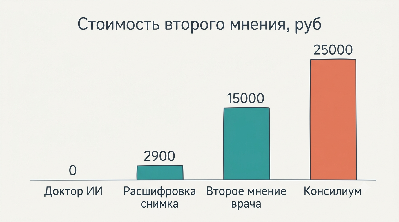 Столбчатая диаграмма стоимости второго мнения в рублях: Доктор ИИ, расшифровка снимка, второе мнение врача, консилиум