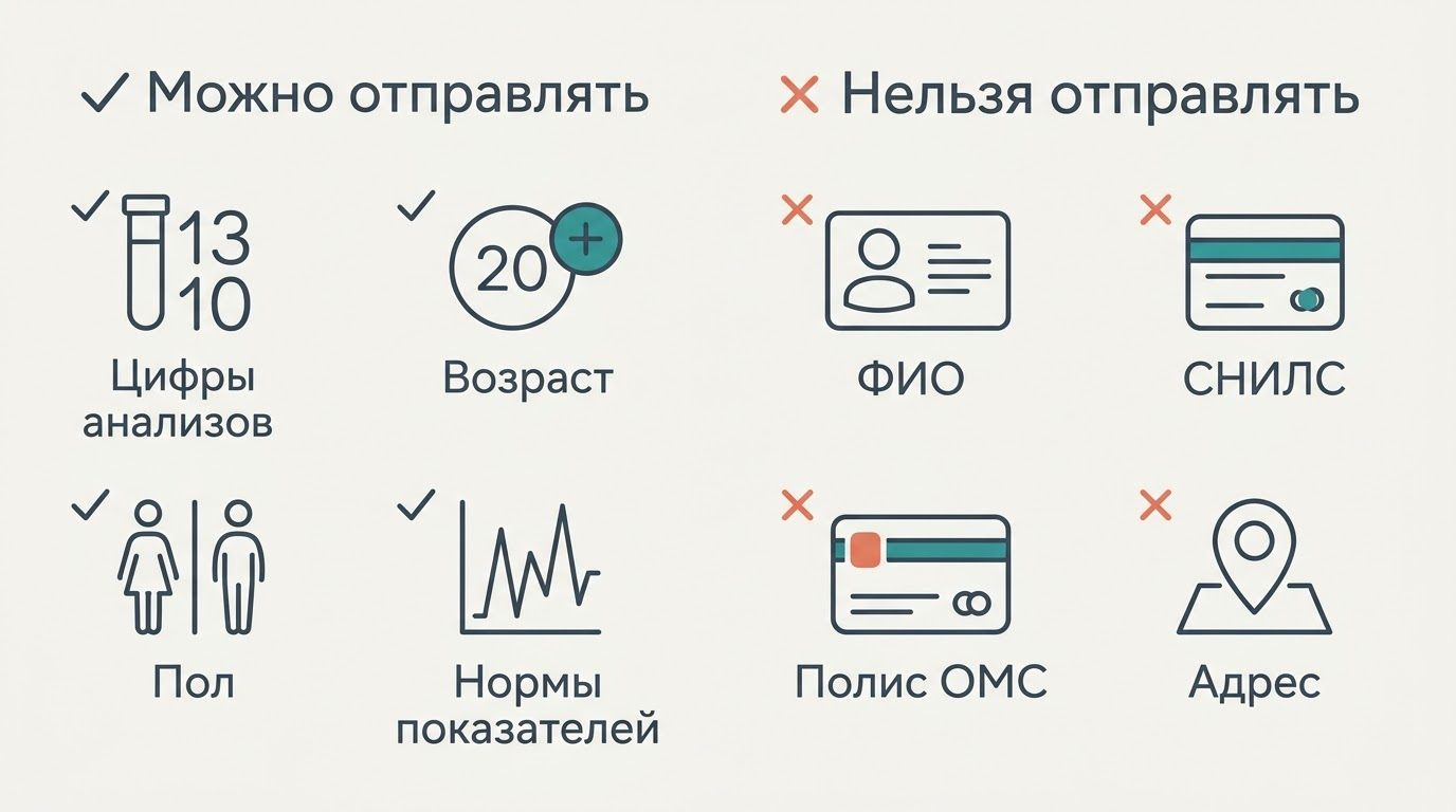 Чеклист: что можно отправлять ИИ (цифры анализов, возраст, пол, нормы) и что нельзя (ФИО, СНИЛС, полис ОМС, адрес)