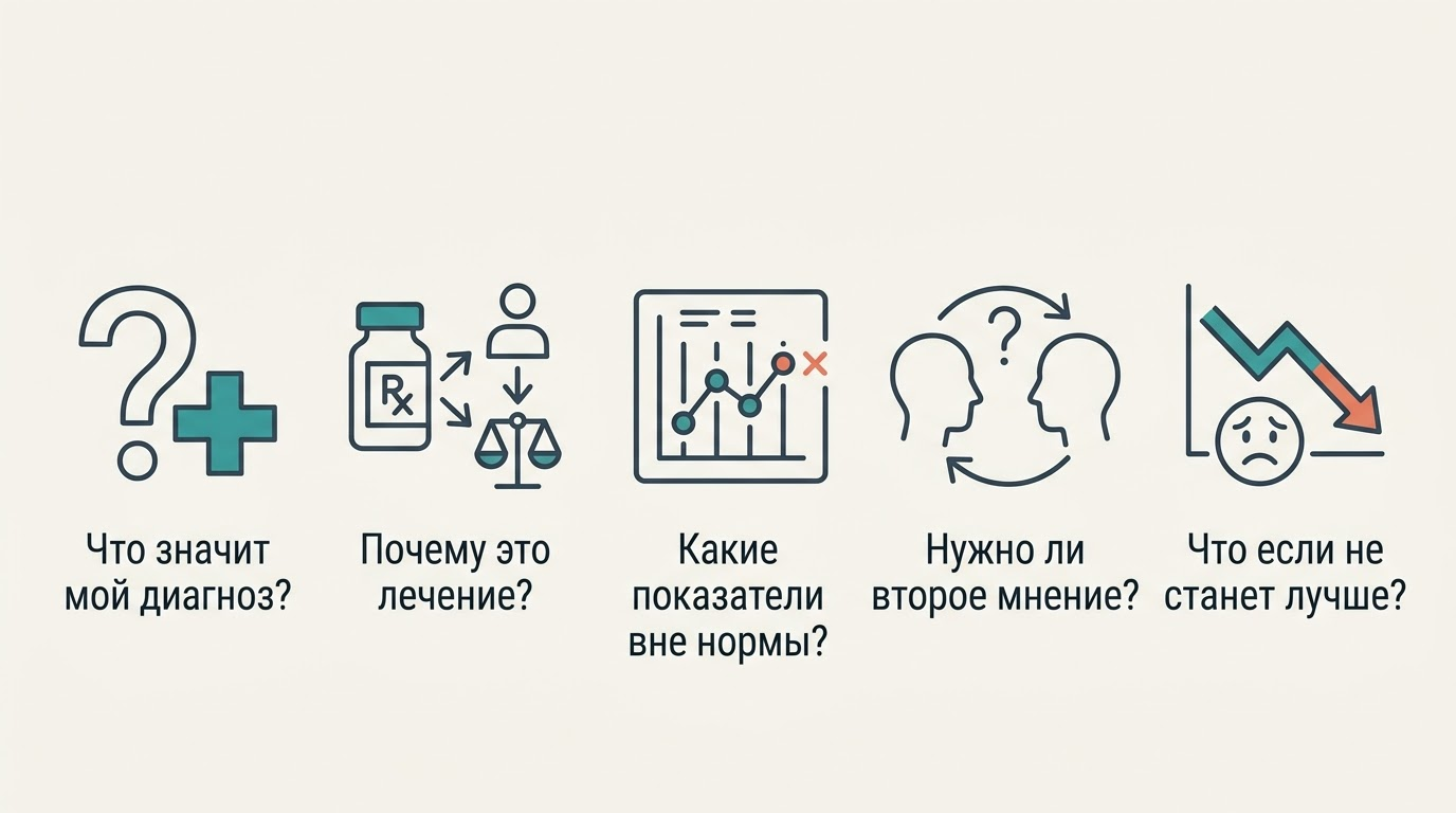 Пять иконок с вопросами лечащему врачу: что значит диагноз, почему это лечение, какие показатели вне нормы, нужно ли второе мнение, что если не станет лучше