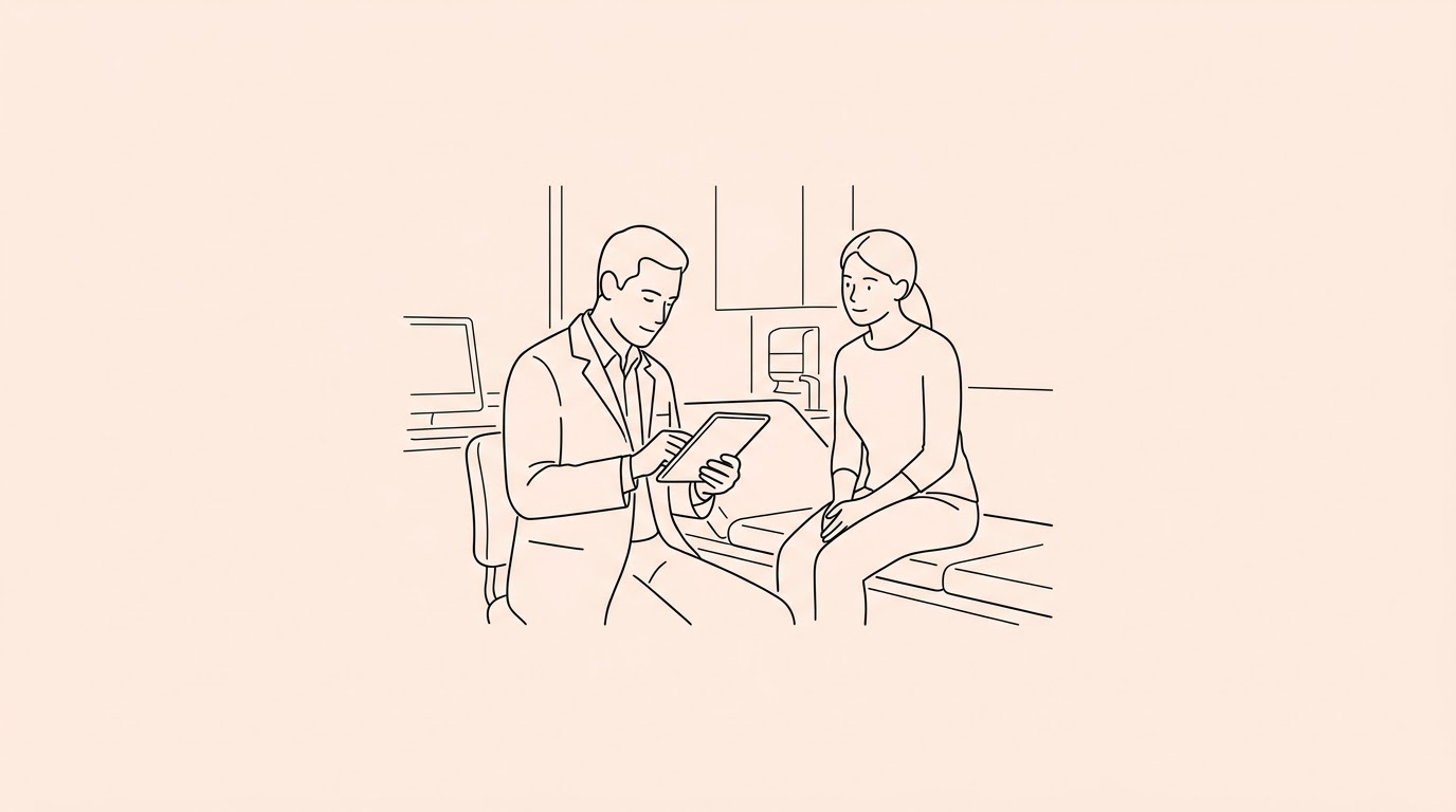 doctor reading patient history on a digital tablet in a modern clinic